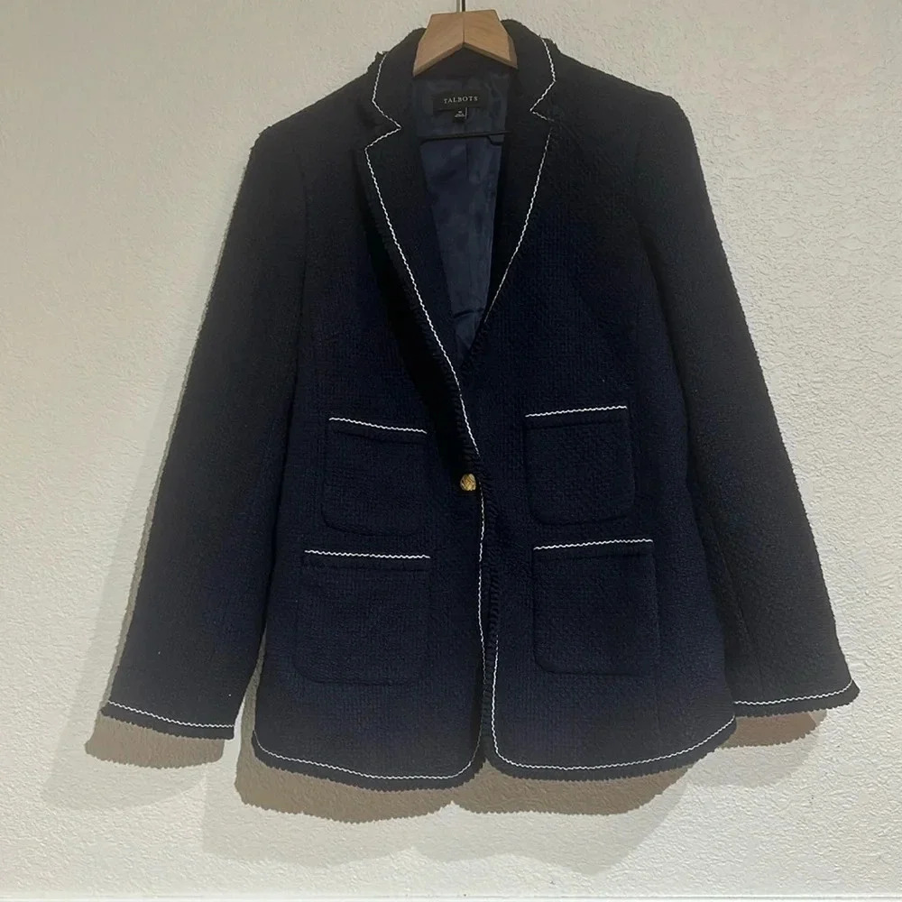 Talbots Tweed Blazer Jacket in Navy Blue
